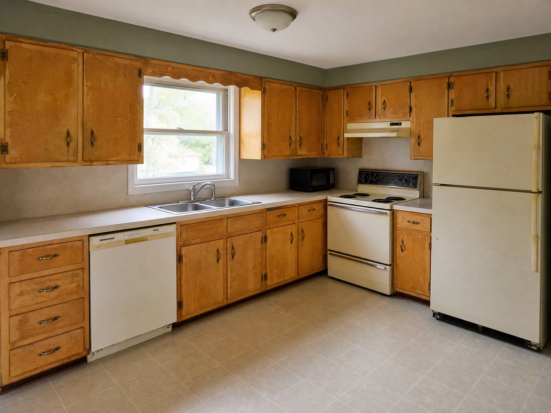 Before: dated honey-oak kitchen cabinets