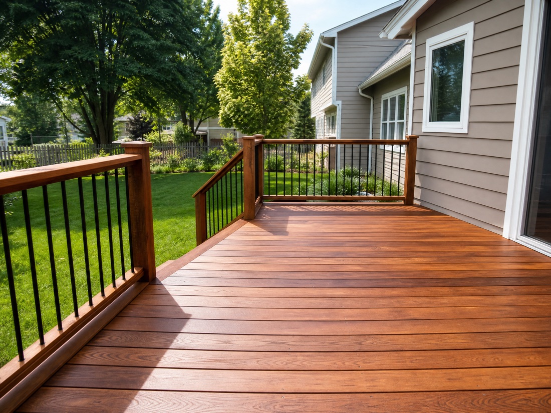 Freshly power-washed and stained wooden deck by North Standard in Neenah