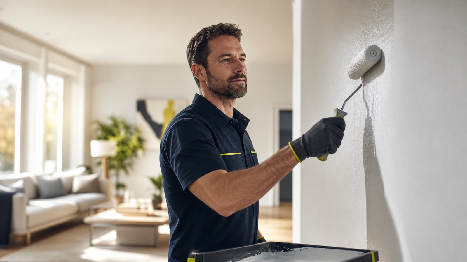North Standard painter rolling fresh paint on a living room wall