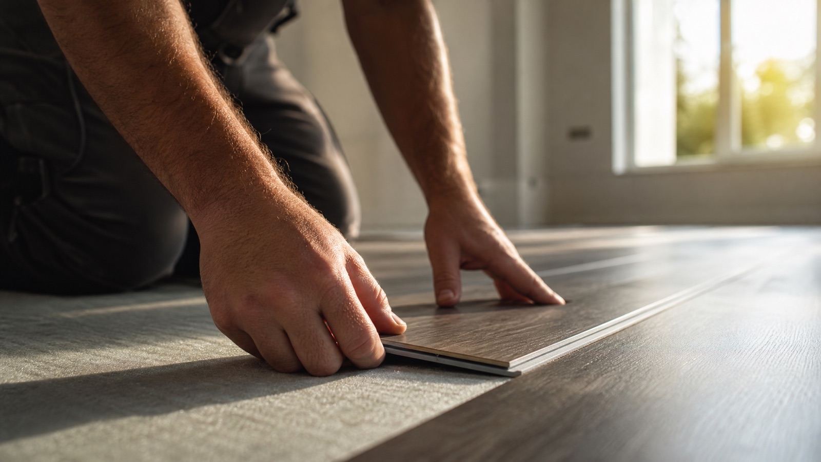 Installing luxury vinyl plank flooring in a sunlit home