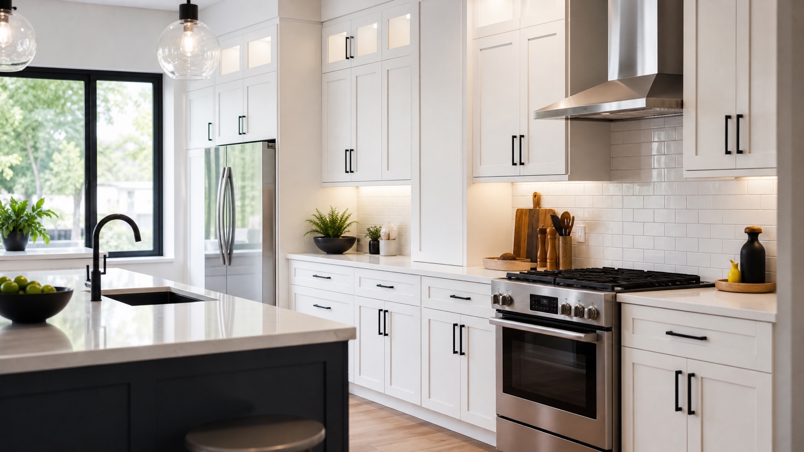 Finished remodeled modern kitchen with new cabinets and tile