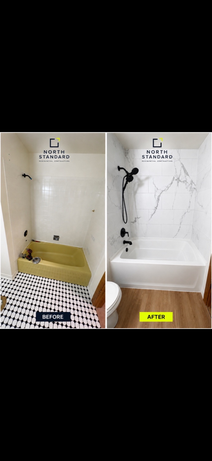 Before and after bathroom tile and tub surround remodel by North Standard