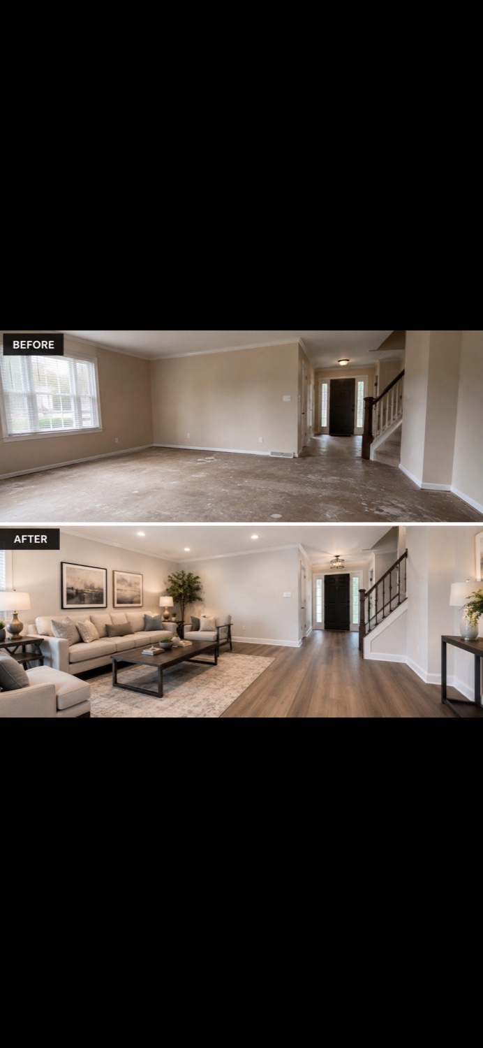 Before and after living room interior remodel by North Standard